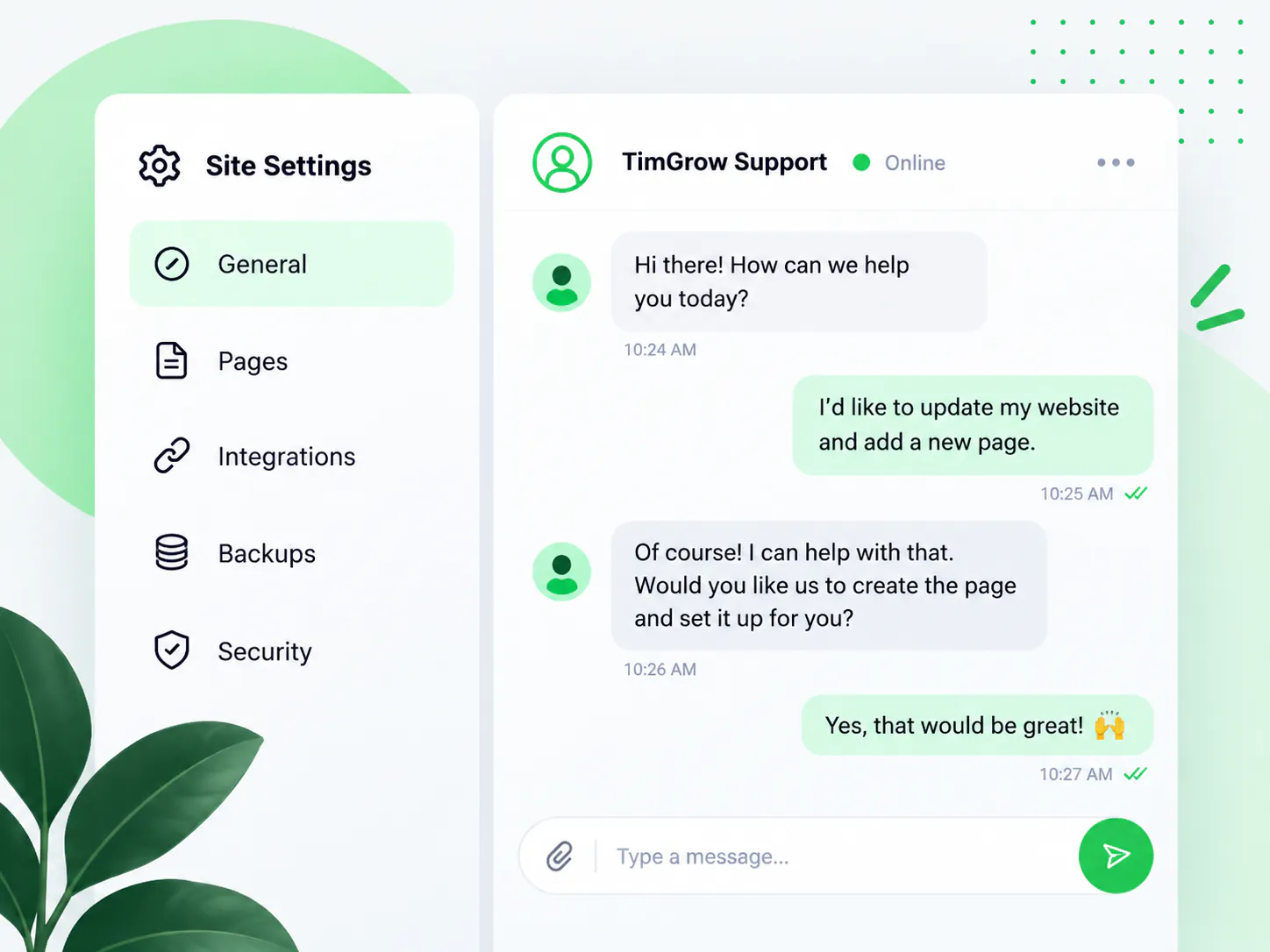 TimGrow website support conversation